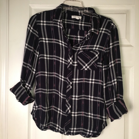 beach lunch lounge Tops - Blue Flannel Plaid Long Sleeve Button Down Shirt